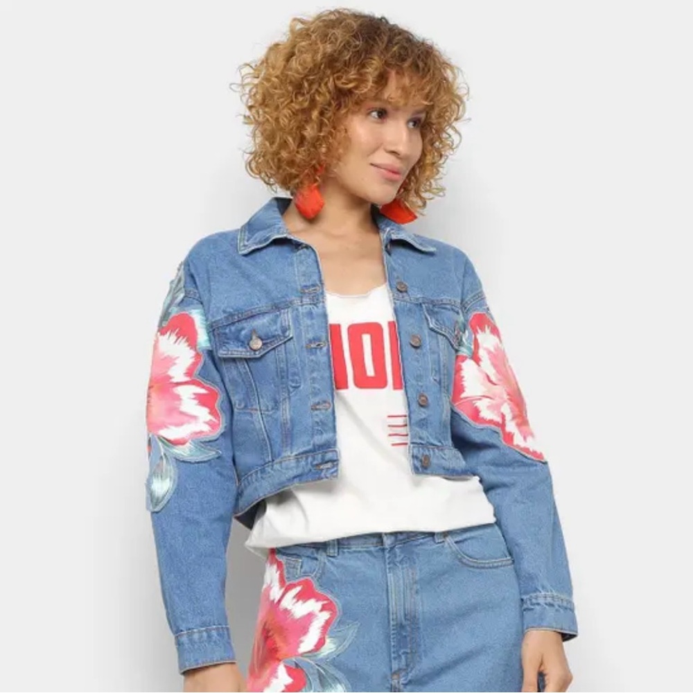 Farm Rio Floral Embroidered Denim Jacket Rare